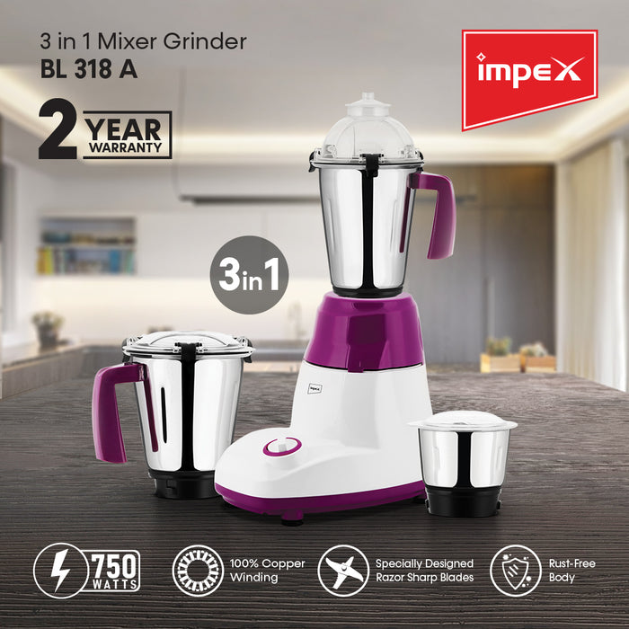 Impex 3 In 1 Mixer Grinder 750 W (BL 318A)