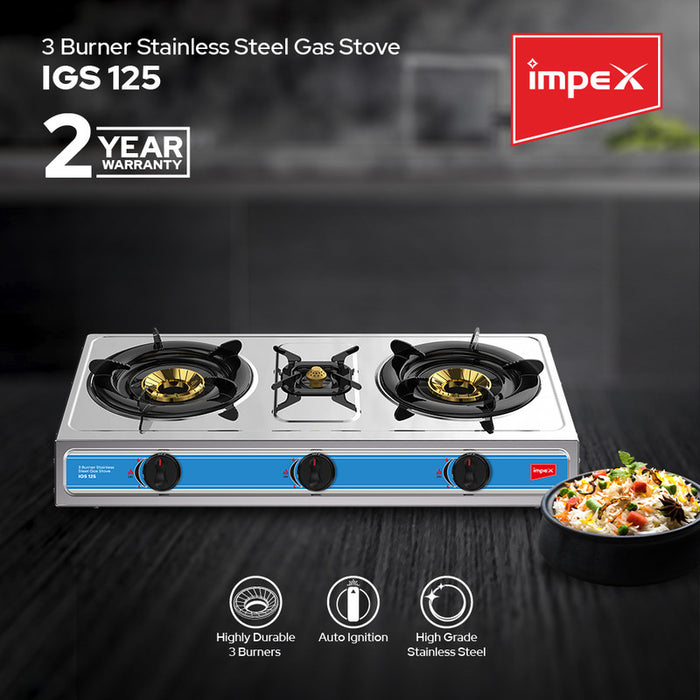 Impex 3 Burner Stainless steel Gas Stove (IGS 125)